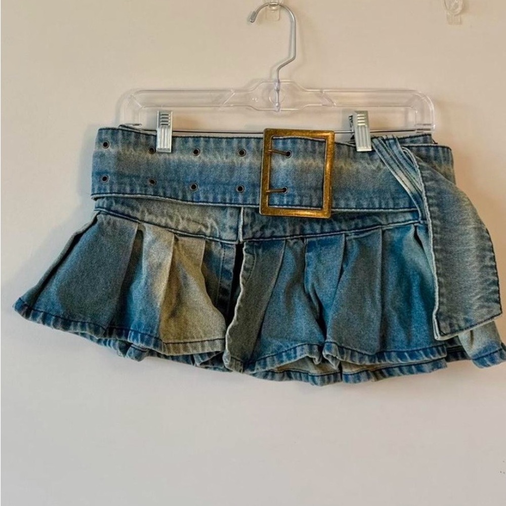 Jaded London Denim Ruffle Mini Skirt with Wide Belt - Light Blue
